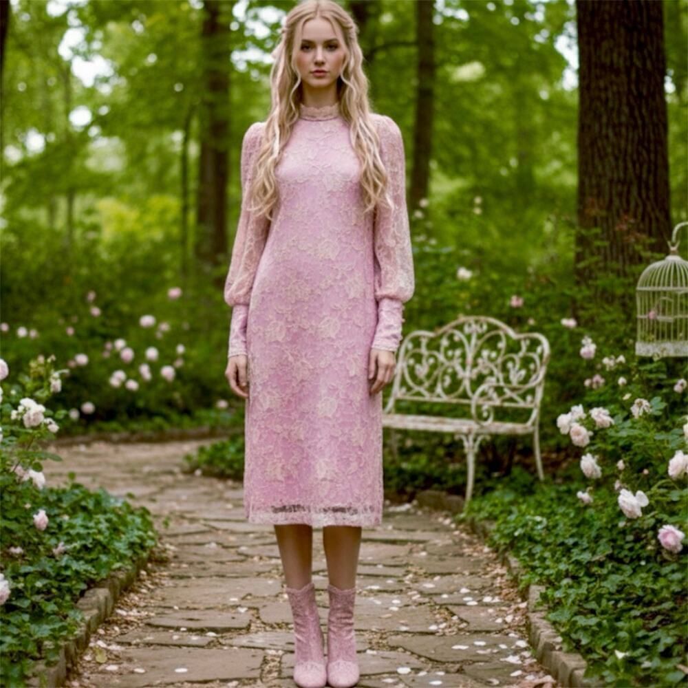 VTG 80s Romantic Pink Coquette Floral Lace Mesh Midi Dress Blaire Boutique Large